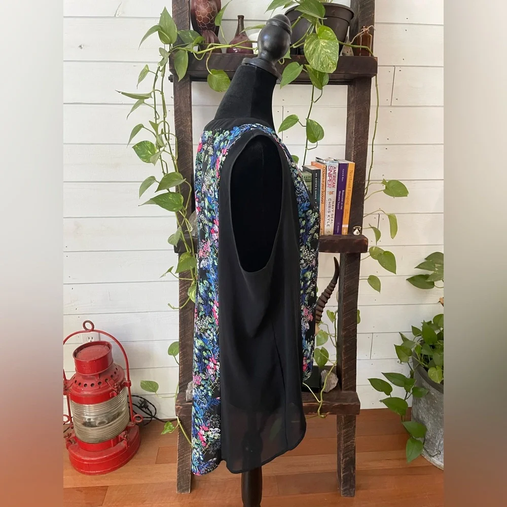 Nicole Miller: Long Black BoHo Flowy Floral Button Down Blouse